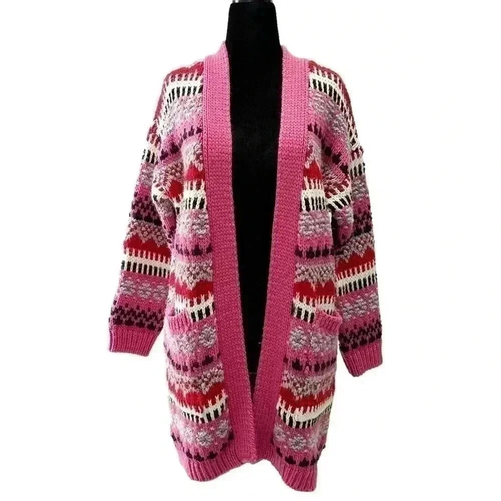 Cocogio Wool Duster Cardigan Chunky Knit Draped Sweater Pink Red Black Small